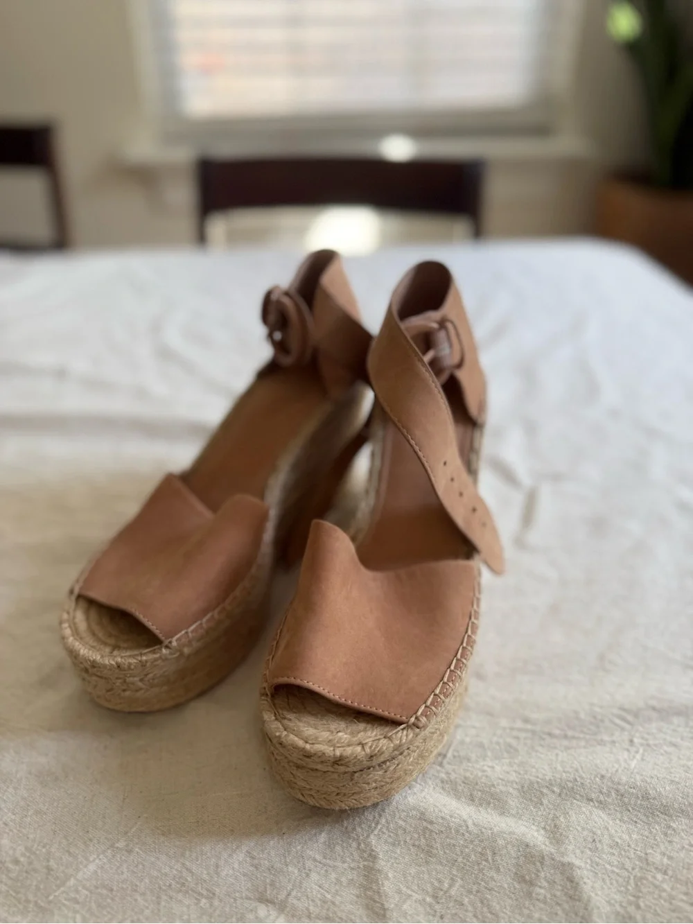 Tan Espadrille Wedge Sandals with Ankle Tie